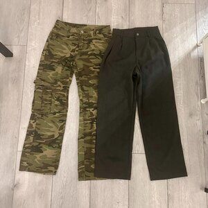 2 Shein Women's Pants Size Small - Gray Pleated Dress Pants & Cargo Camo Jeans